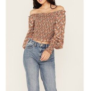 Rock & Roll Denim Floral Smocked Top Size S Long Sleeve Off The Shoulder Peasant